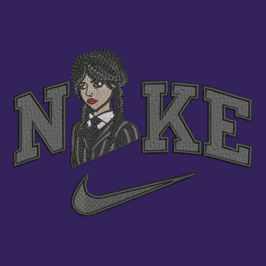 A purple graphic design featuring the word 'NIKE' in large gray varsity-style letters, with a stylized portrait of Wednesday Addams integrated into the letter 'I', and a gray Nike swoosh below.