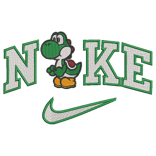 An embroidered patch featuring the word 'NIKE' in large green-outlined white letters with a green and white Yoshi character between the letters, and a green-outlined white Nike swoosh below.
