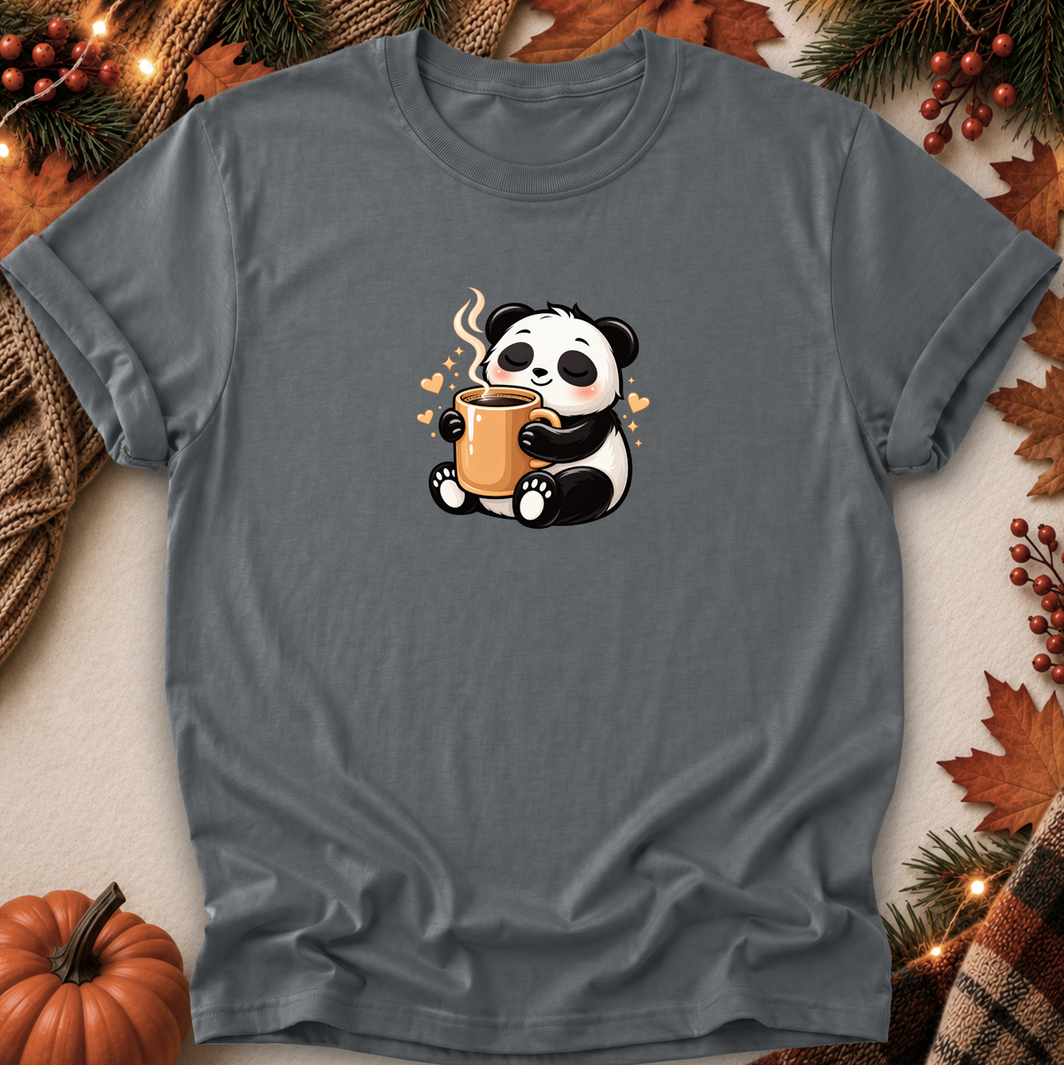 A dark gray short-sleeve t-shirt with a cute cartoon panda holding an orange mug, styled in a flat-lay with autumn props like a pumpkin, pine branches, and leaves.