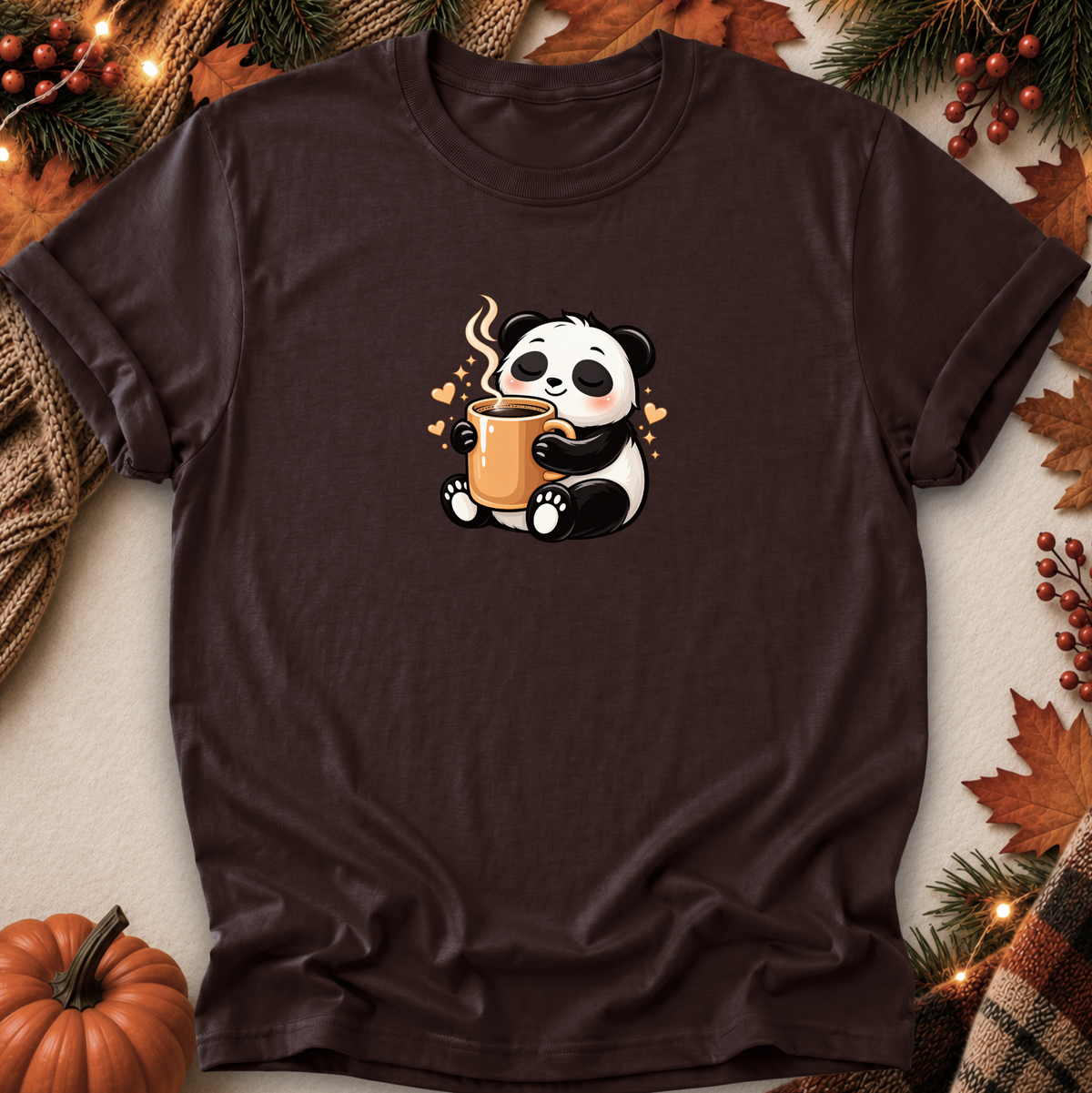 A dark brown short-sleeve t-shirt with a cute cartoon panda holding a steaming mug on the chest, styled in a flat-lay with autumn decorations like a pumpkin, pine branches, and leaves.