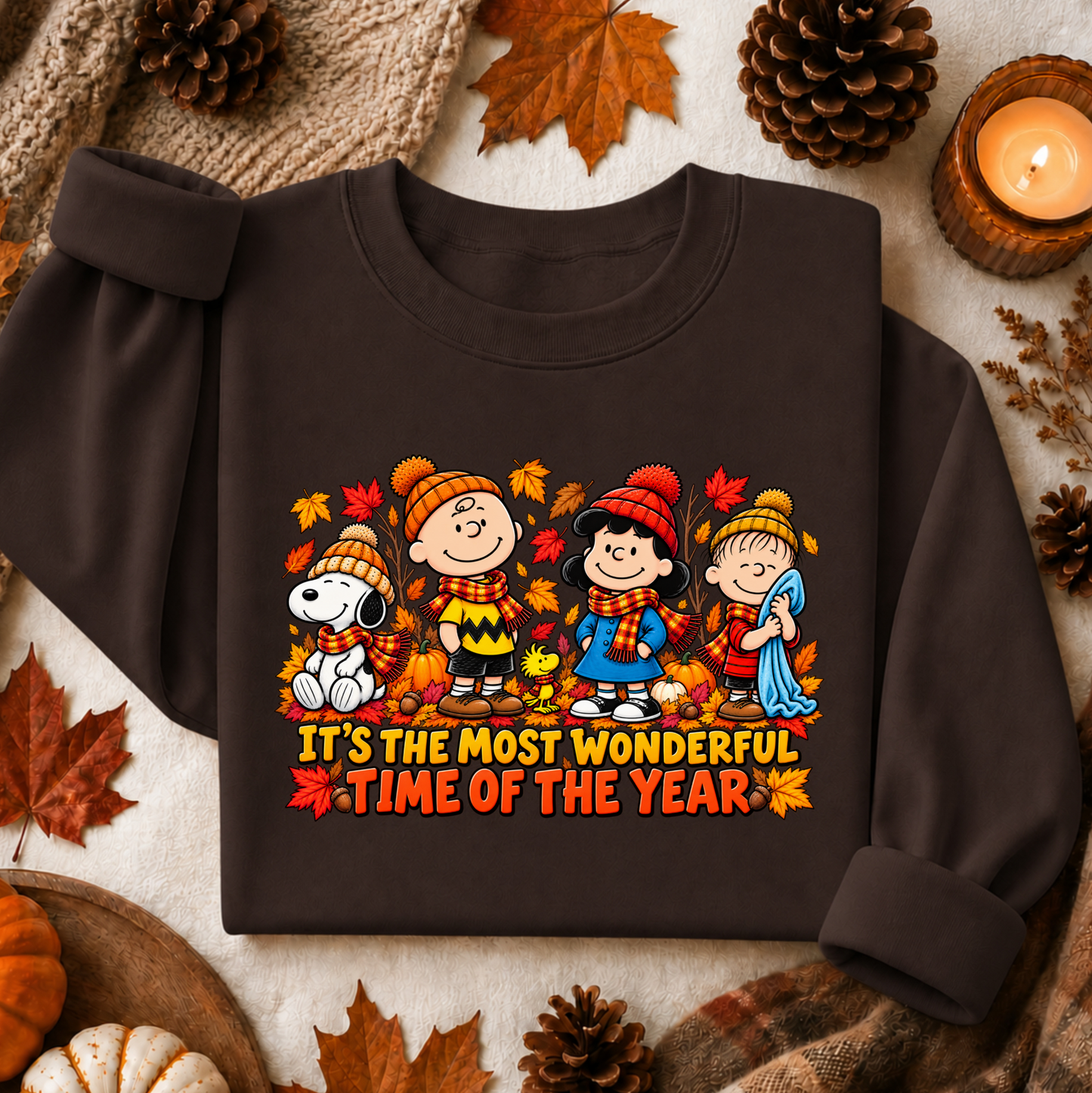 A dark brown long-sleeve sweatshirt laid flat with autumn-themed props around it. The front has a colorful cartoon print of Peanuts characters wearing fall hats and scarves, surrounded by leaves, with the text 'IT'S THE MOST WONDERFUL TIME OF THE YEAR' below.