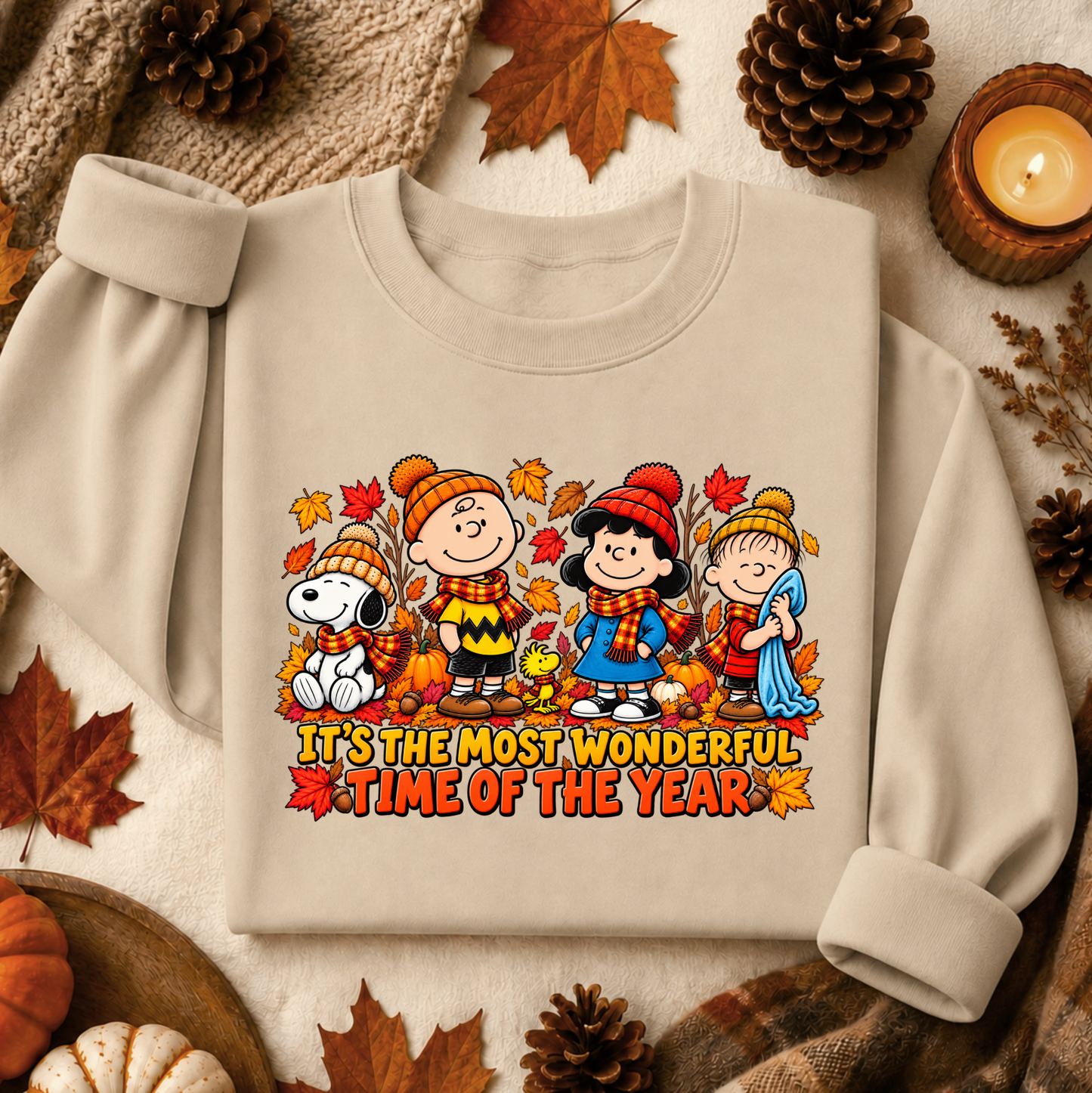 A beige crewneck sweatshirt featuring a colorful cartoon graphic of Peanuts characters in autumn clothing with the text 'IT'S THE MOST WONDERFUL TIME OF THE YEAR'. The sweatshirt is styled in a cozy flat-lay arrangement with autumn props including pinecones, maple leaves, a candle, and a knit blanket.