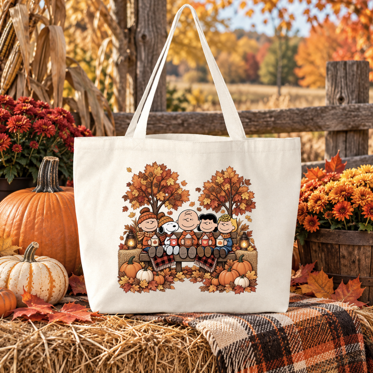 beige canvas tote bag with a graphic design of the peanuts gang sitting on a bench cozy weather with pumpkins and autumn leaves