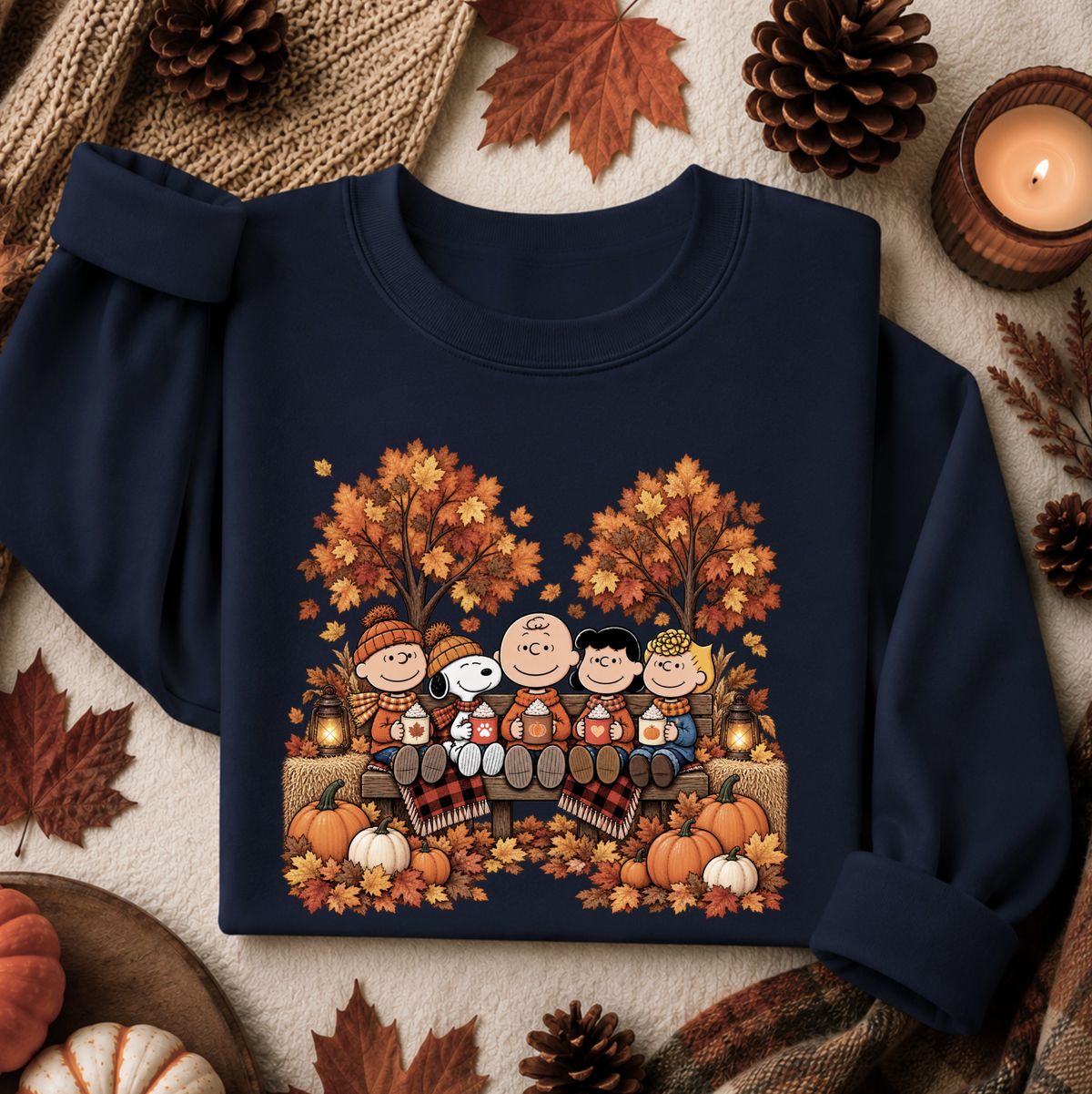 A navy blue sweatshirt laid flat on a cozy autumn-themed background with pinecones, leaves, and a lit candle. The sweatshirt features a large front graphic of the Peanuts characters sitting on a bench among fall trees and pumpkins.