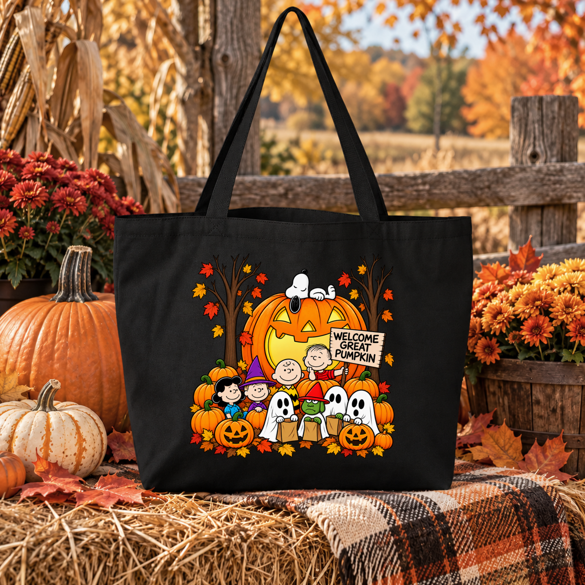 black canvas tote bag with a fall graphic of the peanuts gang at halloween time that says welcome great pumpkin