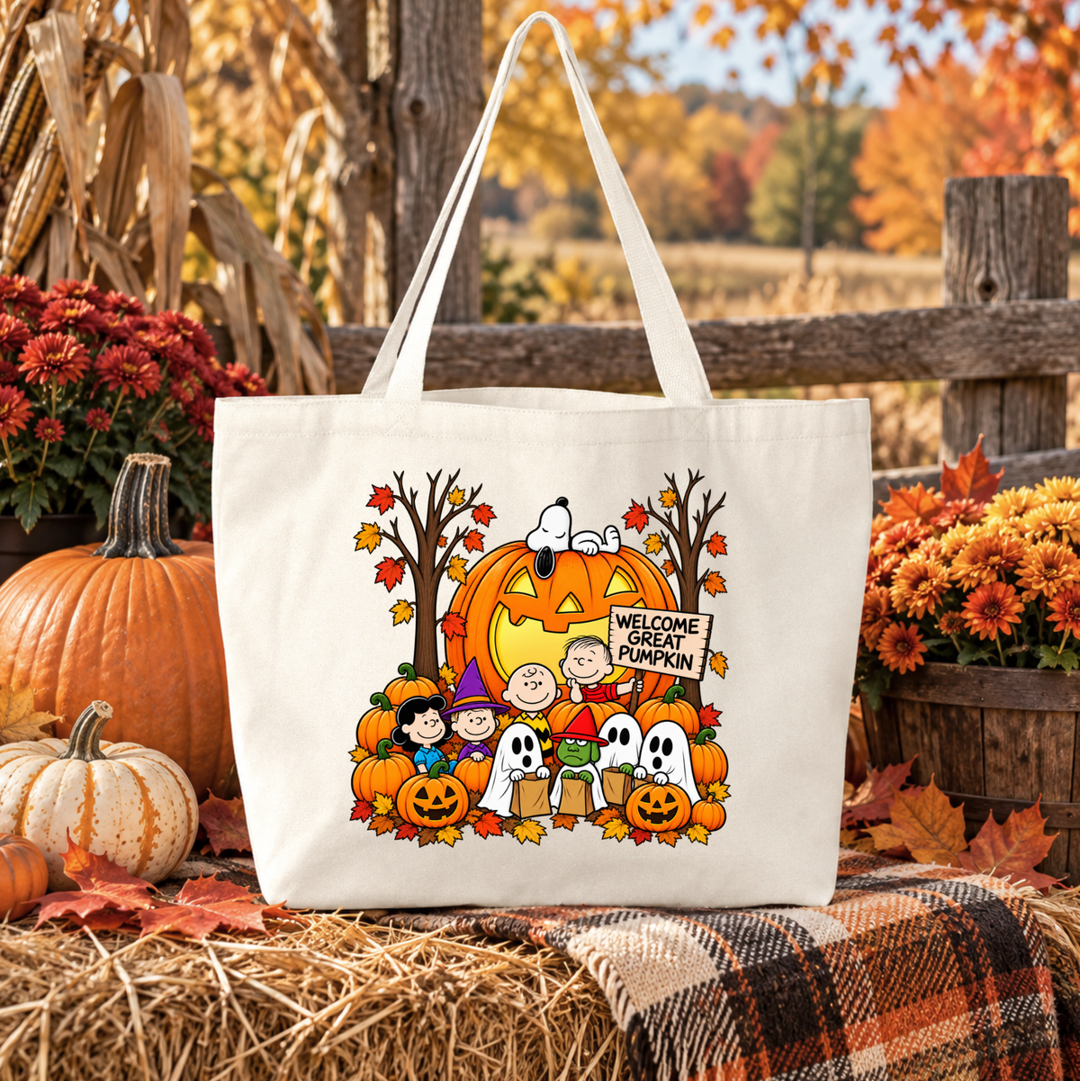 beige canvas tote bag with a fall graphic of the peanuts gang at halloween time that says welcome great pumpkin