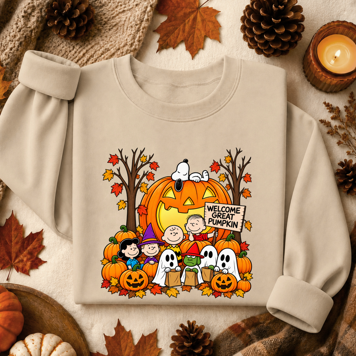A beige crewneck sweatshirt featuring a colorful graphic print of Snoopy and Charlie Brown with pumpkins, ghosts, and a 'Welcome Great Pumpkin' sign, styled in a flat lay with autumn leaves, pinecones, and a candle.