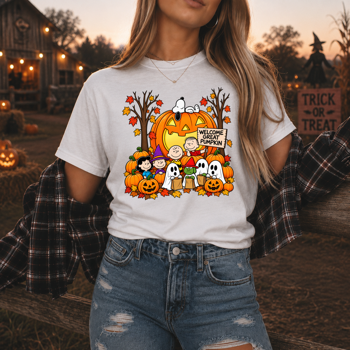 A woman wearing a white graphic t-shirt featuring the Peanuts characters Snoopy, Woodstock, Charlie Brown, and others in a Halloween pumpkin scene with the text 'WELCOME GREAT PUMPKIN'. She has a black and white plaid flannel shirt draped off her shoulders and is wearing blue jeans, set against a warm, rustic autumn outdoor background with pumpkins and a house.