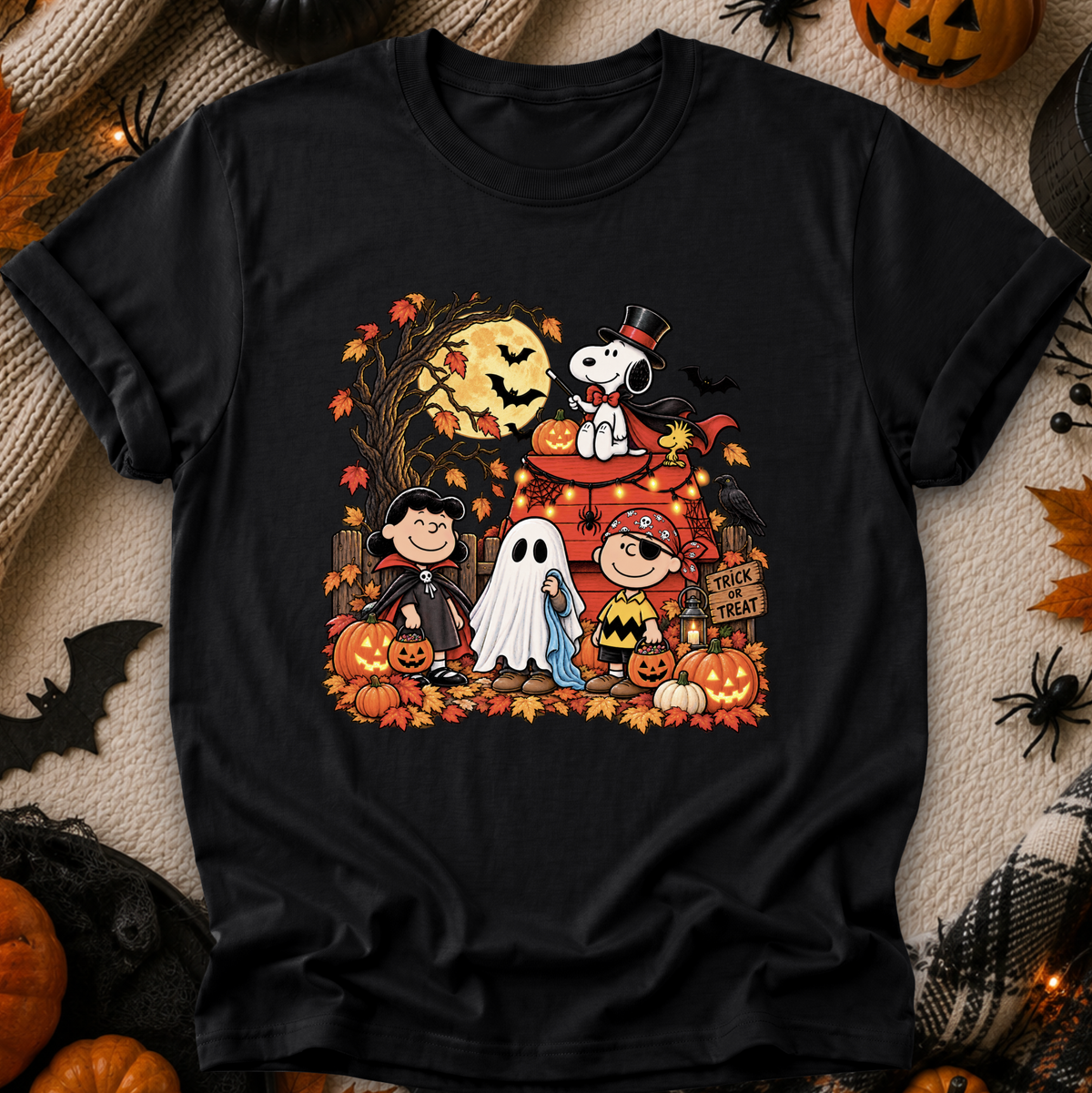 A black short-sleeve crewneck t-shirt featuring a colorful graphic print of Peanuts characters in Halloween costumes, styled flat on a cozy beige knit blanket with autumn props like pumpkins, a spider, and a bat.