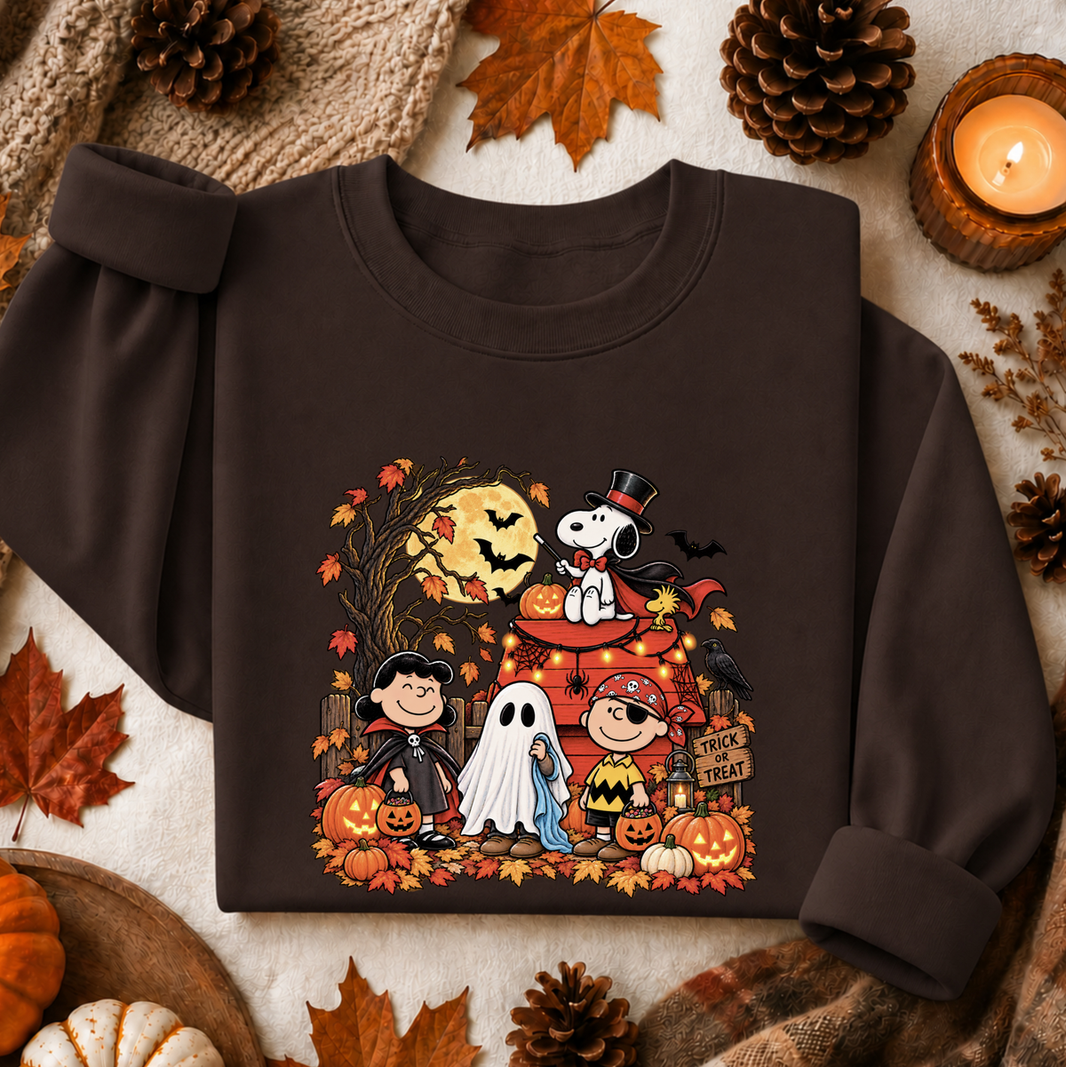 A dark brown long-sleeve sweatshirt laid flat on a neutral fabric background, surrounded by autumn props including pinecones, leaves, a candle, and small pumpkins. The sweatshirt features a colorful Halloween graphic with cartoon characters in costumes, pumpkins, bats, and a ghost.