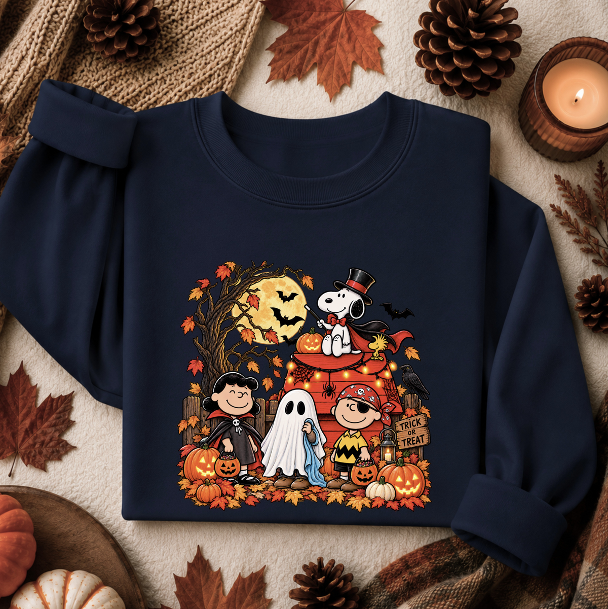 A navy blue sweatshirt laid flat on a cozy autumn-themed background with pinecones, leaves, and a candle. The sweatshirt features a colorful Halloween graphic with Peanuts characters including Snoopy, Woodstock, Charlie Brown, Lucy, and a ghost.