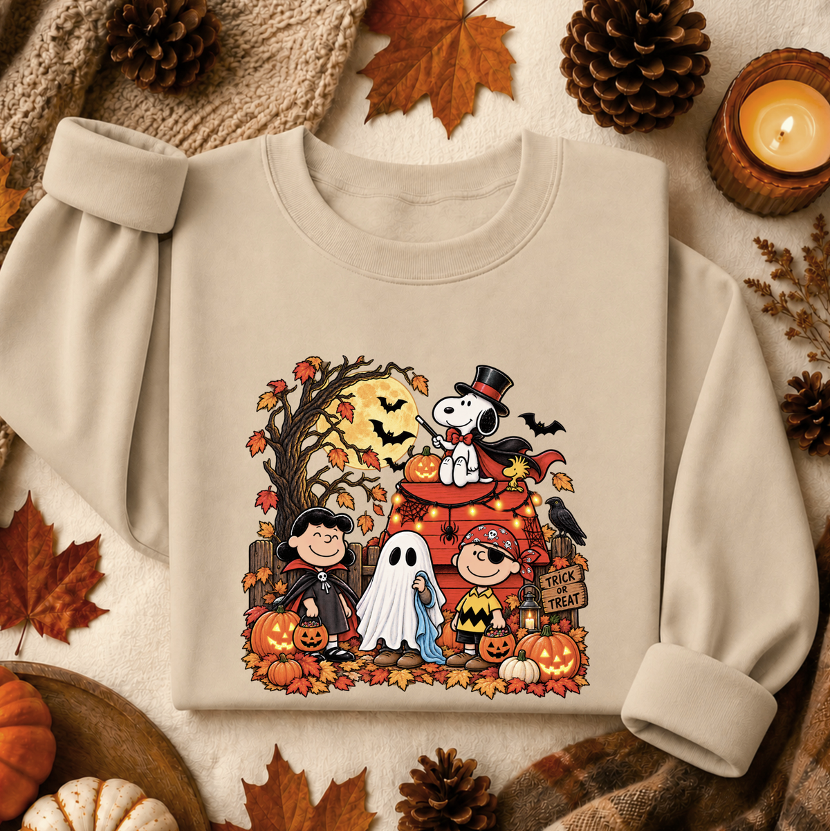 A beige long-sleeve sweatshirt with a colorful cartoon Halloween graphic featuring Snoopy, Woodstock, Charlie Brown, Lucy, and other Peanuts characters in autumn costumes, styled in a cozy flat lay with fall leaves, pinecones, a candle, and a knit blanket.