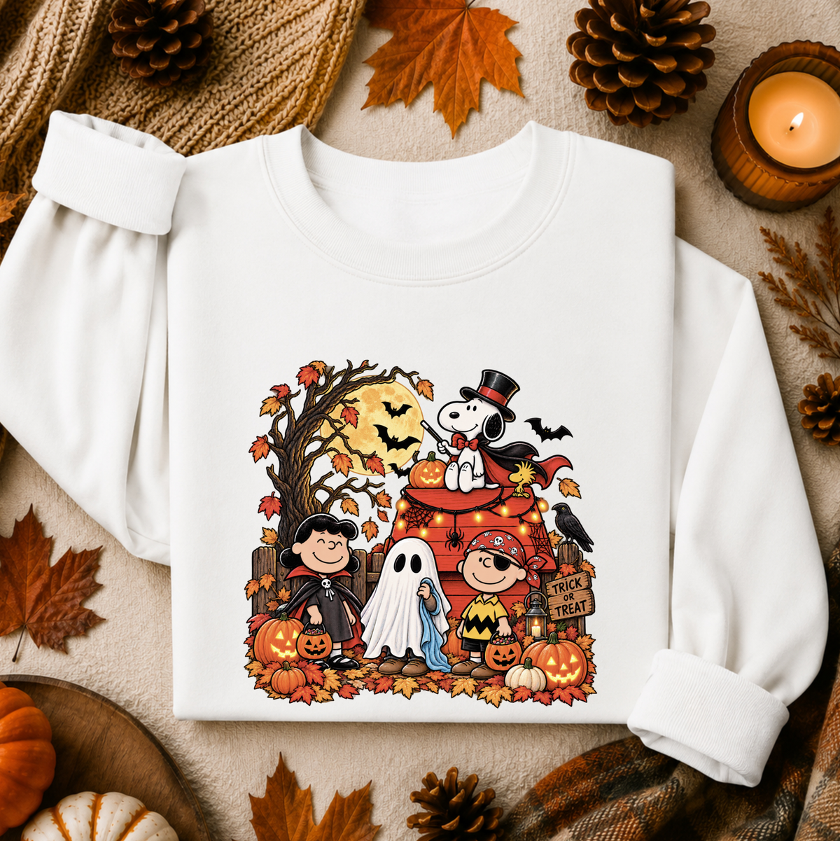 A white long-sleeve sweatshirt laid flat on a cozy autumn-themed background with pinecones, leaves, and a candle. The front has a colorful cartoon graphic featuring Peanuts characters in Halloween costumes, including a ghost, pumpkin, owl, and a raven.