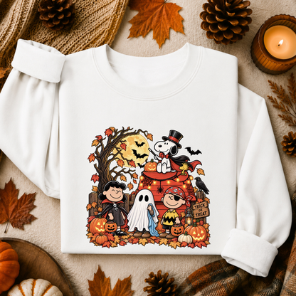 A white long-sleeve sweatshirt laid flat on a cozy autumn-themed background with pinecones, leaves, and a candle. The front has a colorful cartoon graphic featuring Peanuts characters in Halloween costumes, including a ghost, pumpkin, owl, and a raven.