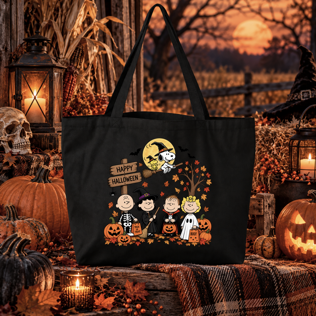 black canvas tote bag with a graphic of the peanuts gang on halloween with snoopy flying above them that says happy halloween and trick or treat