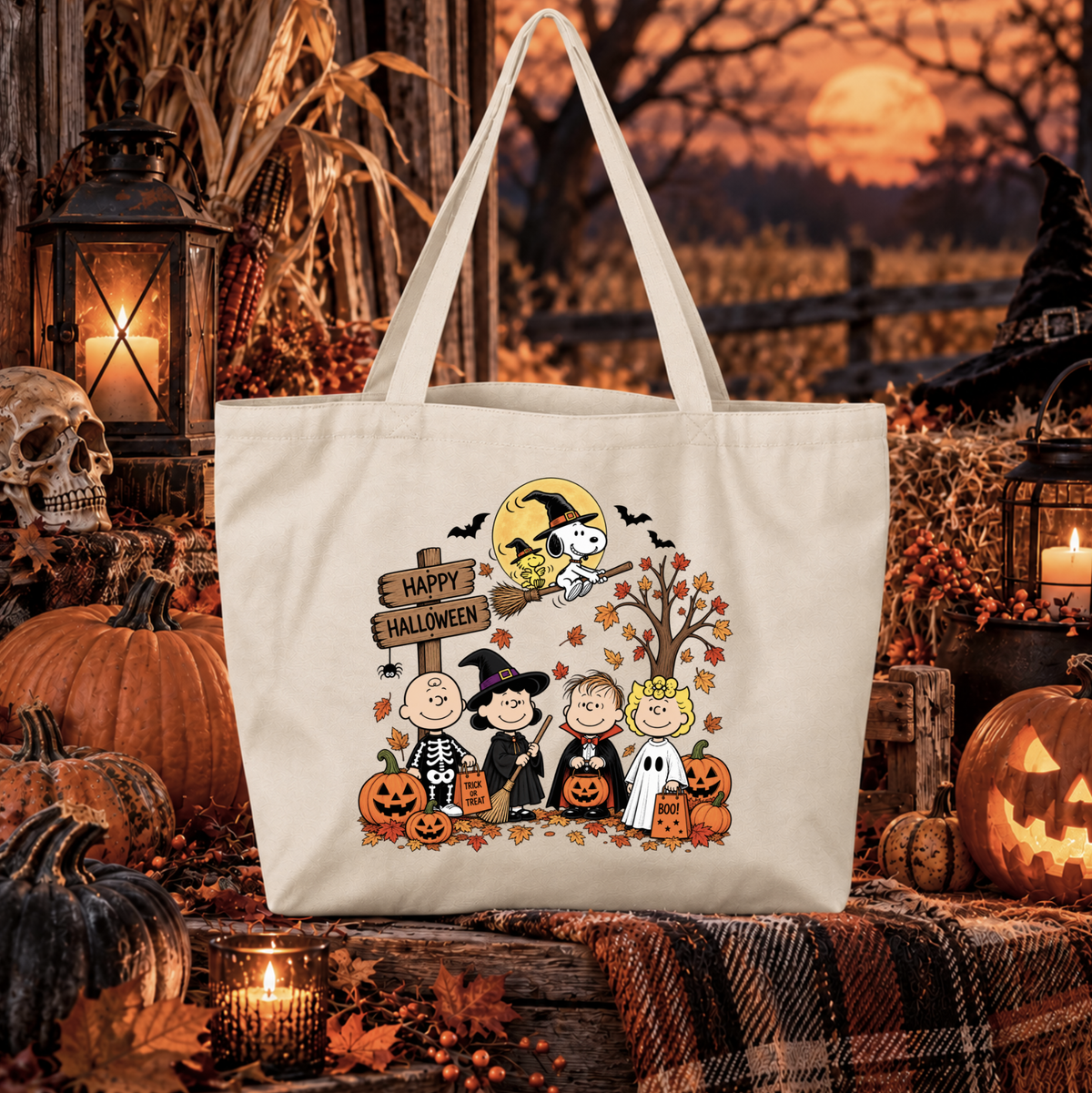 beige canvas tote bag with a graphic of the peanuts gang on halloween with snoopy flying above them that says happy halloween and trick or treat