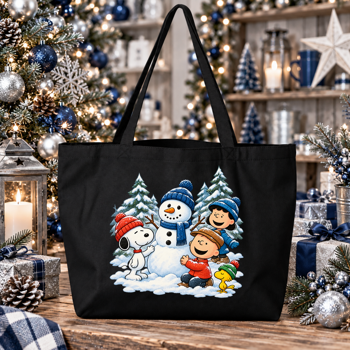 A black canvas tote bag featuring a festive Christmas print of Snoopy, Charlie Brown, Woodstock, and a snowman in winter clothing, displayed on a wooden table in front of a decorated Christmas tree and holiday ornaments.