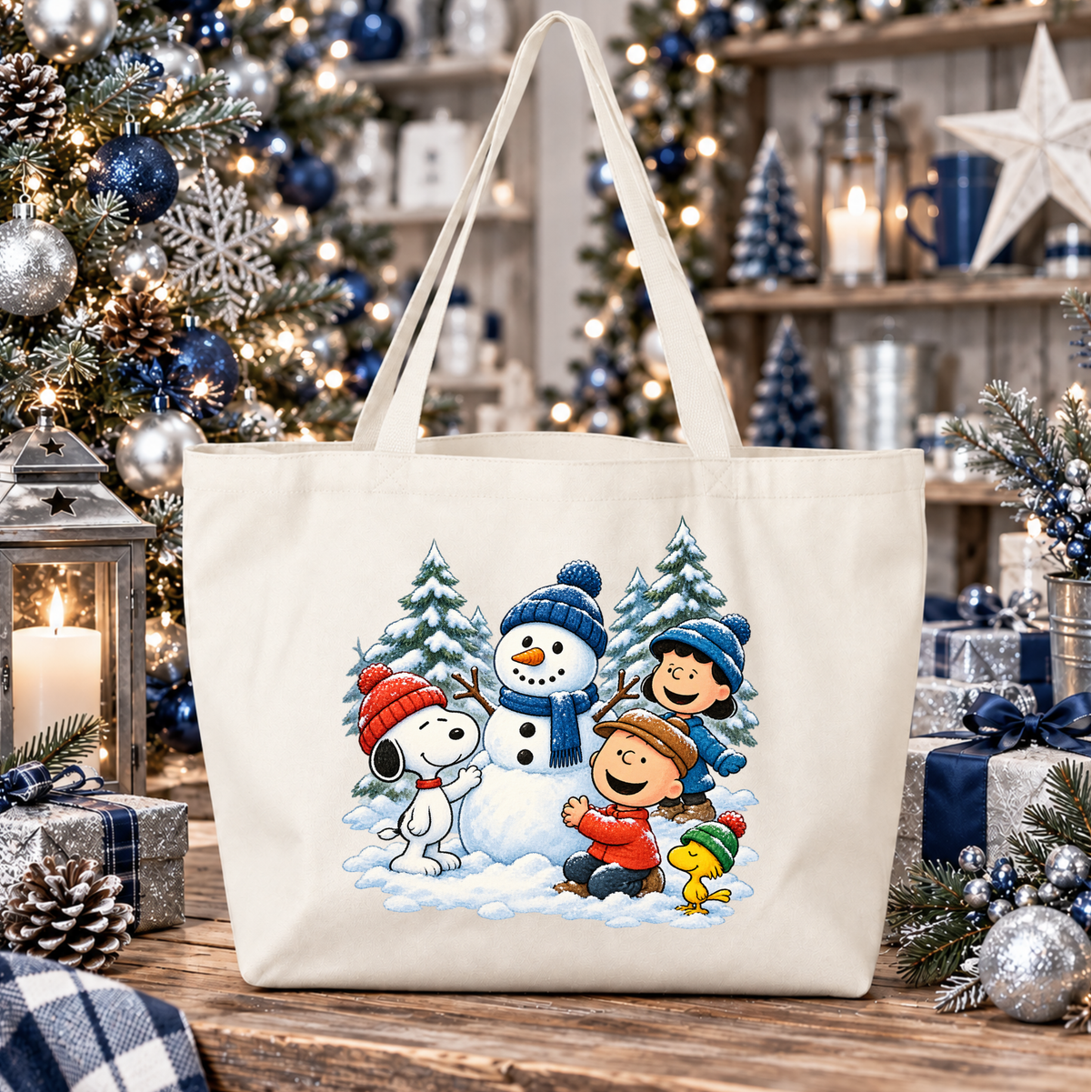 A cream canvas tote bag featuring a colorful printed graphic of Peanuts characters Snoopy, Charlie Brown, Woodstock, and a snowman in winter clothing, displayed on a wooden table in a festive Christmas decorated room.