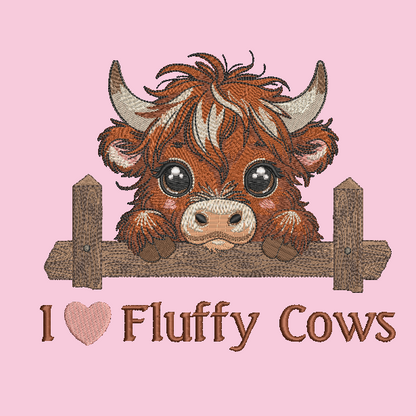 embroidered highland cow with a heart and text on a pink background