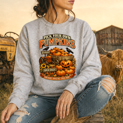 woman wearing a gray sweatshirt with a farm fall autumn scene graphic design that says pick your own pumpkins