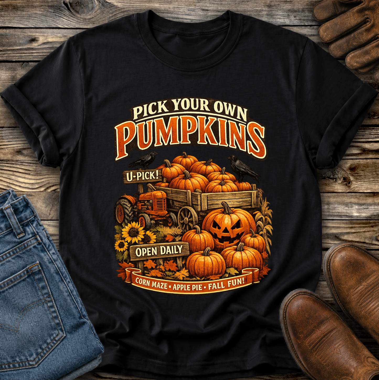 black tshirt with a farm fall autumn scene graphic design that says pick your own pumpkins