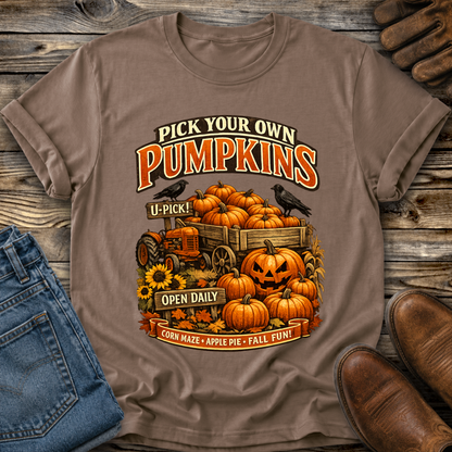 brown tshirt with a farm fall autumn scene graphic design that says pick your own pumpkins