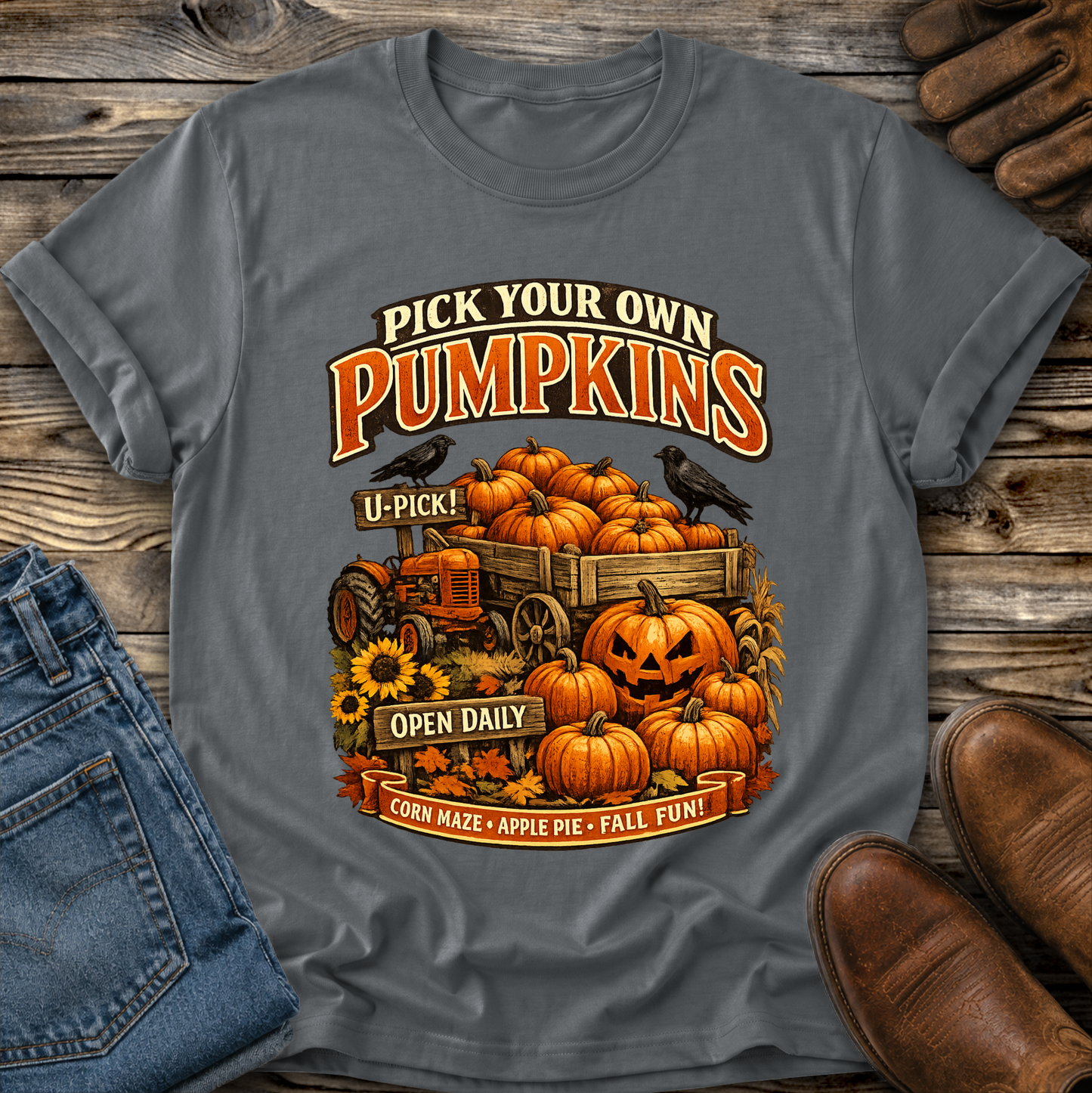 gray tshirt with a farm fall autumn scene graphic design that says pick your own pumpkins