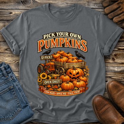 gray tshirt with a farm fall autumn scene graphic design that says pick your own pumpkins