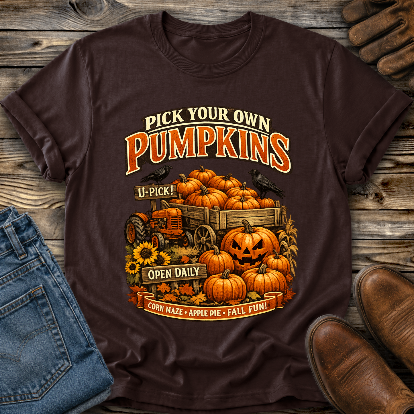 brown tshirt with a farm fall autumn scene graphic design that says pick your own pumpkins
