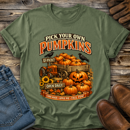 green tshirt with a farm fall autumn scene graphic design that says pick your own pumpkins
