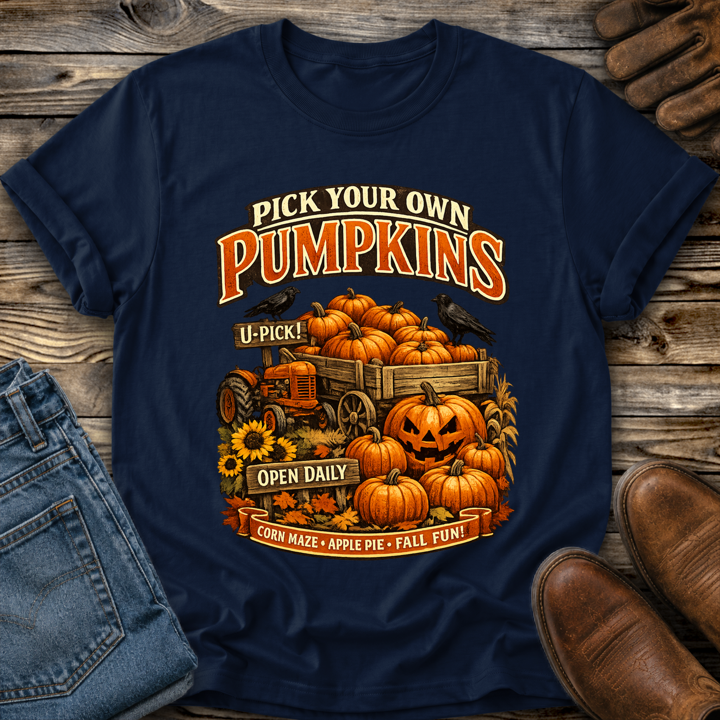 navy tshirt with a farm fall autumn scene graphic design that says pick your own pumpkins