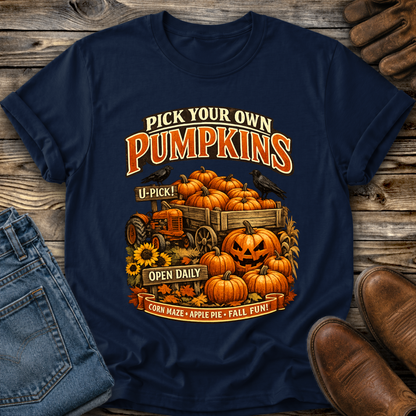 navy tshirt with a farm fall autumn scene graphic design that says pick your own pumpkins