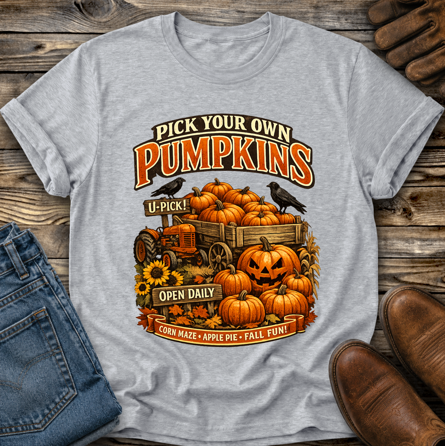 gray tshirt with a farm fall autumn scene graphic design that says pick your own pumpkins