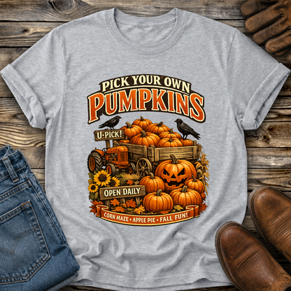 gray tshirt with a farm fall autumn scene graphic design that says pick your own pumpkins