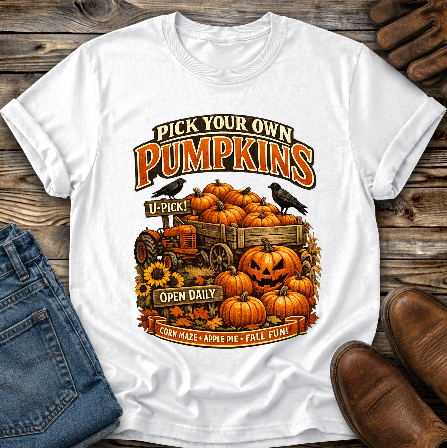 white tshirt with a farm fall autumn scene graphic design that says pick your own pumpkins