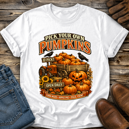 white tshirt with a farm fall autumn scene graphic design that says pick your own pumpkins
