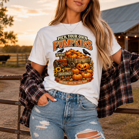 woman wearing a white tshirt with a farm fall autumn scene graphic design that says pick your own pumpkins