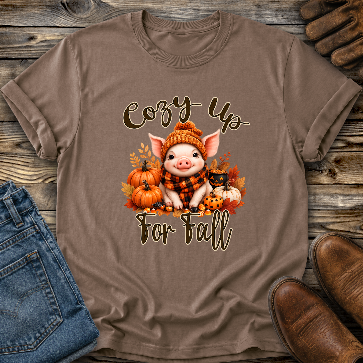 brown tshirt with a pig in a scarf with fall pumpkins graphic that says cozy up for fall