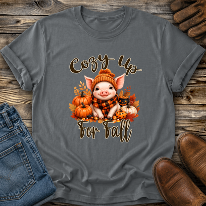 gray tshirt with a pig in a scarf with fall pumpkins graphic that says cozy up for fall