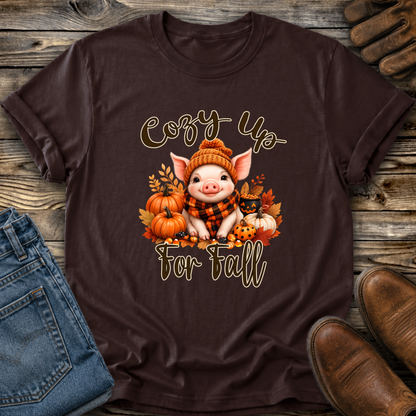 brown tshirt with a pig in a scarf with fall pumpkins graphic that says cozy up for fall