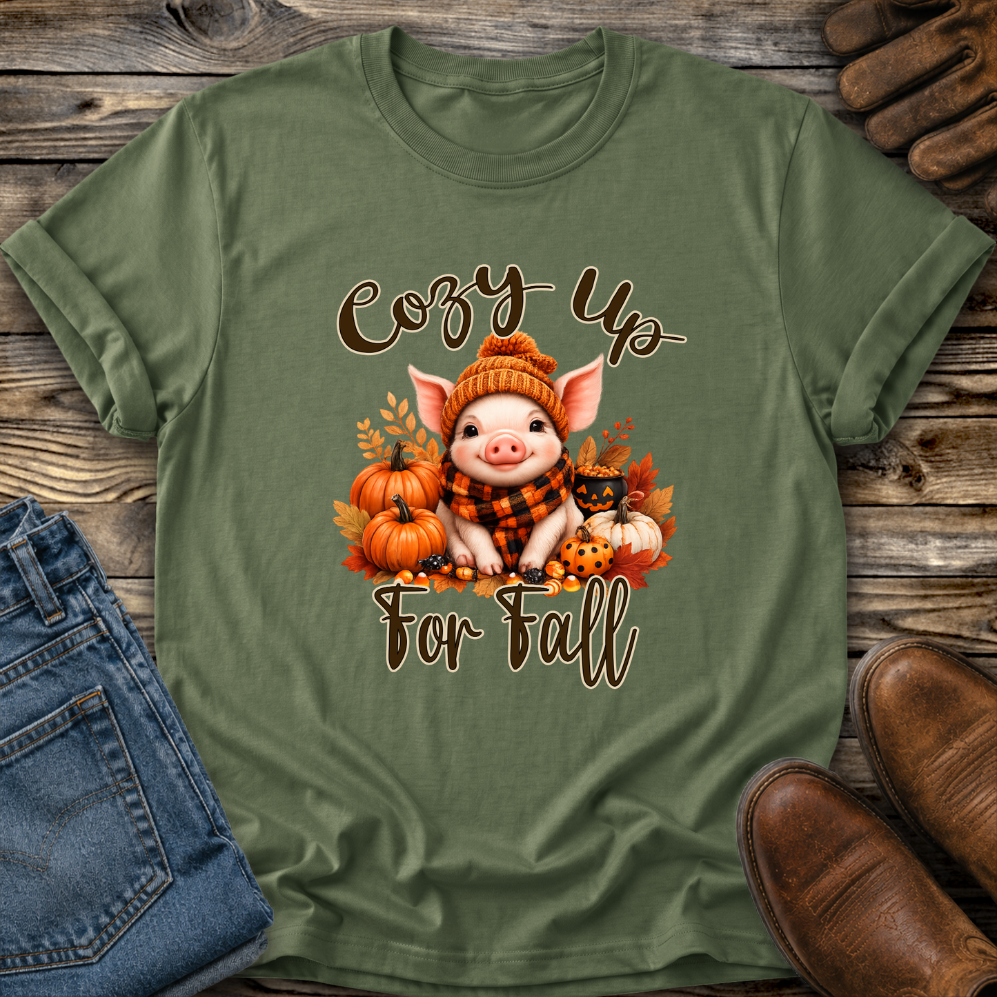 green tshirt with a pig in a scarf with fall pumpkins graphic that says cozy up for fall