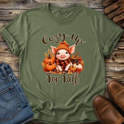 green tshirt with a pig in a scarf with fall pumpkins graphic that says cozy up for fall