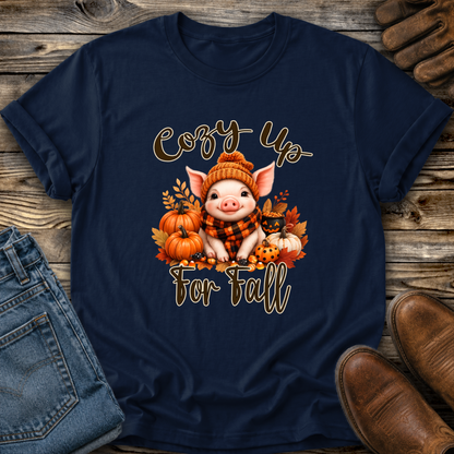 navy tshirt with a pig in a scarf with fall pumpkins graphic that says cozy up for fall