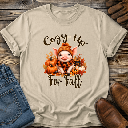 beige tshirt with a pig in a scarf with fall pumpkins graphic that says cozy up for fall