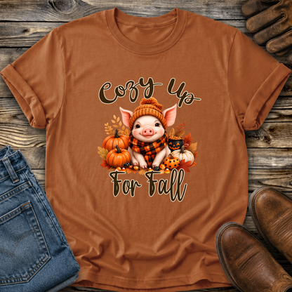 orange tshirt with a pig in a scarf with fall pumpkins graphic that says cozy up for fall