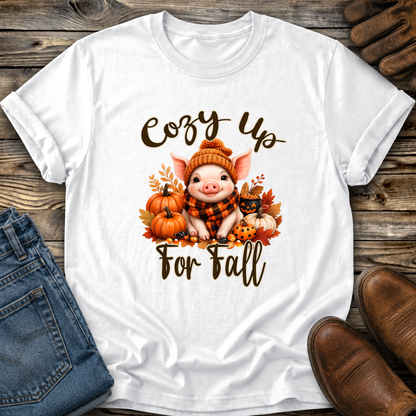 white tshirt with a pig in a scarf with fall pumpkins graphic that says cozy up for fall