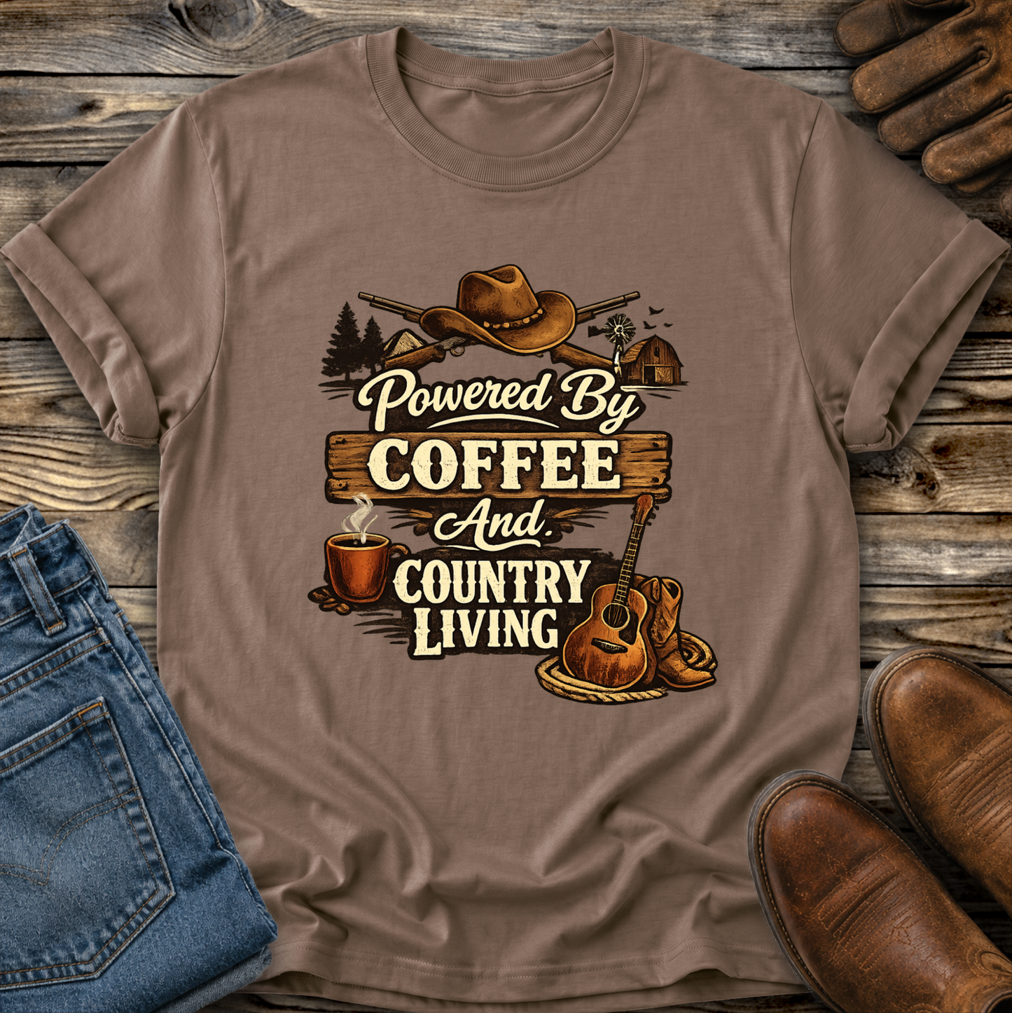 brown tshirt with country western style graphic design that says powered by coffee and country living