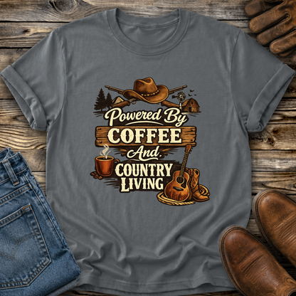 gray tshirt with country western style graphic design that says powered by coffee and country living