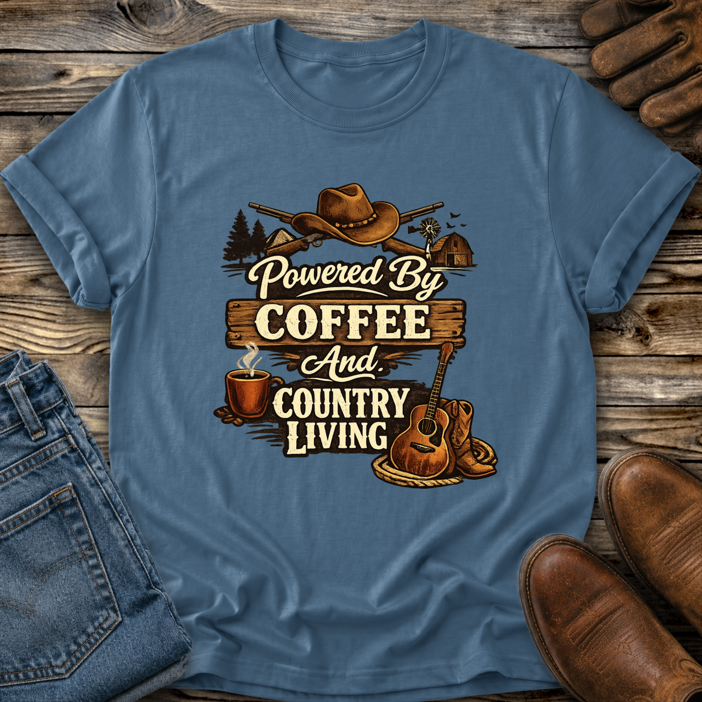blue tshirt with country western style graphic design that says powered by coffee and country living
