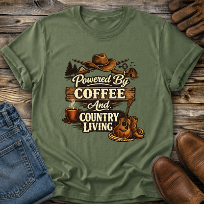 green tshirt with country western style graphic design that says powered by coffee and country living